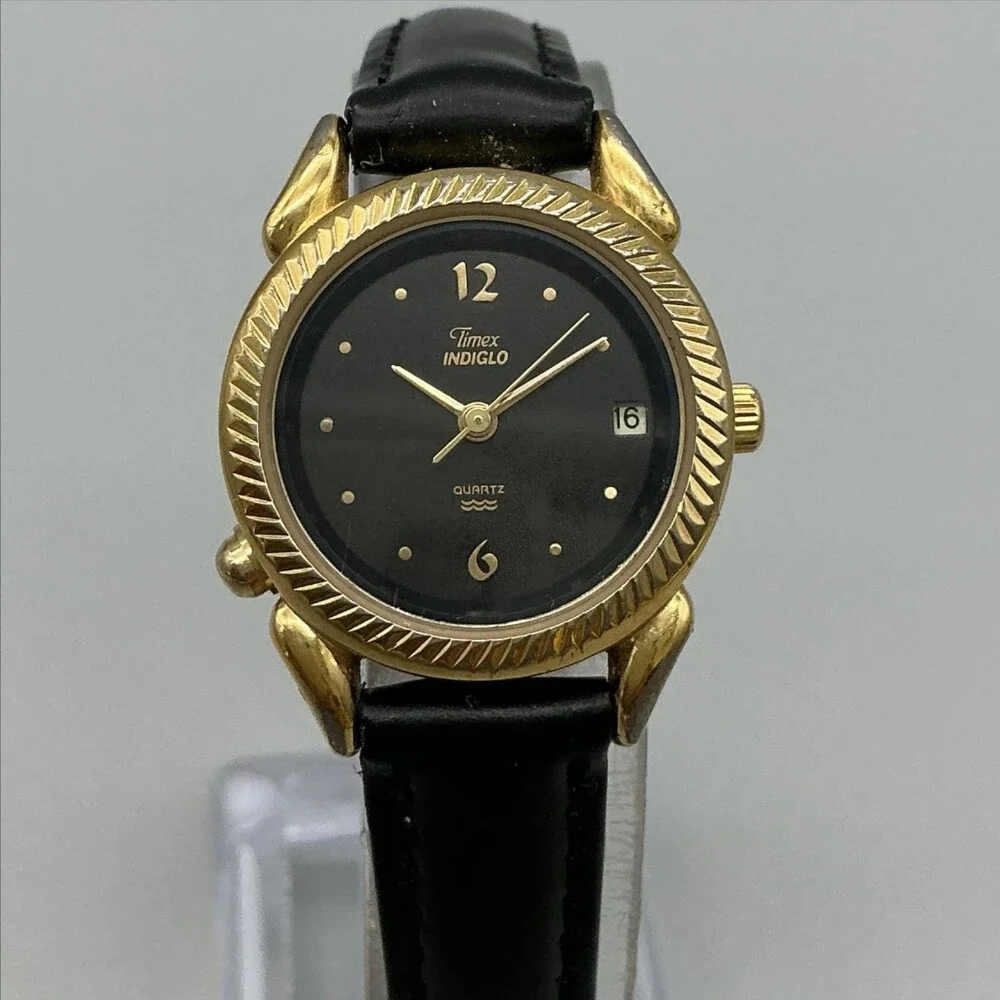 Vintage Timex Indiglo Womens Watch 25mm Black Dial Gold Tone Date New Battery